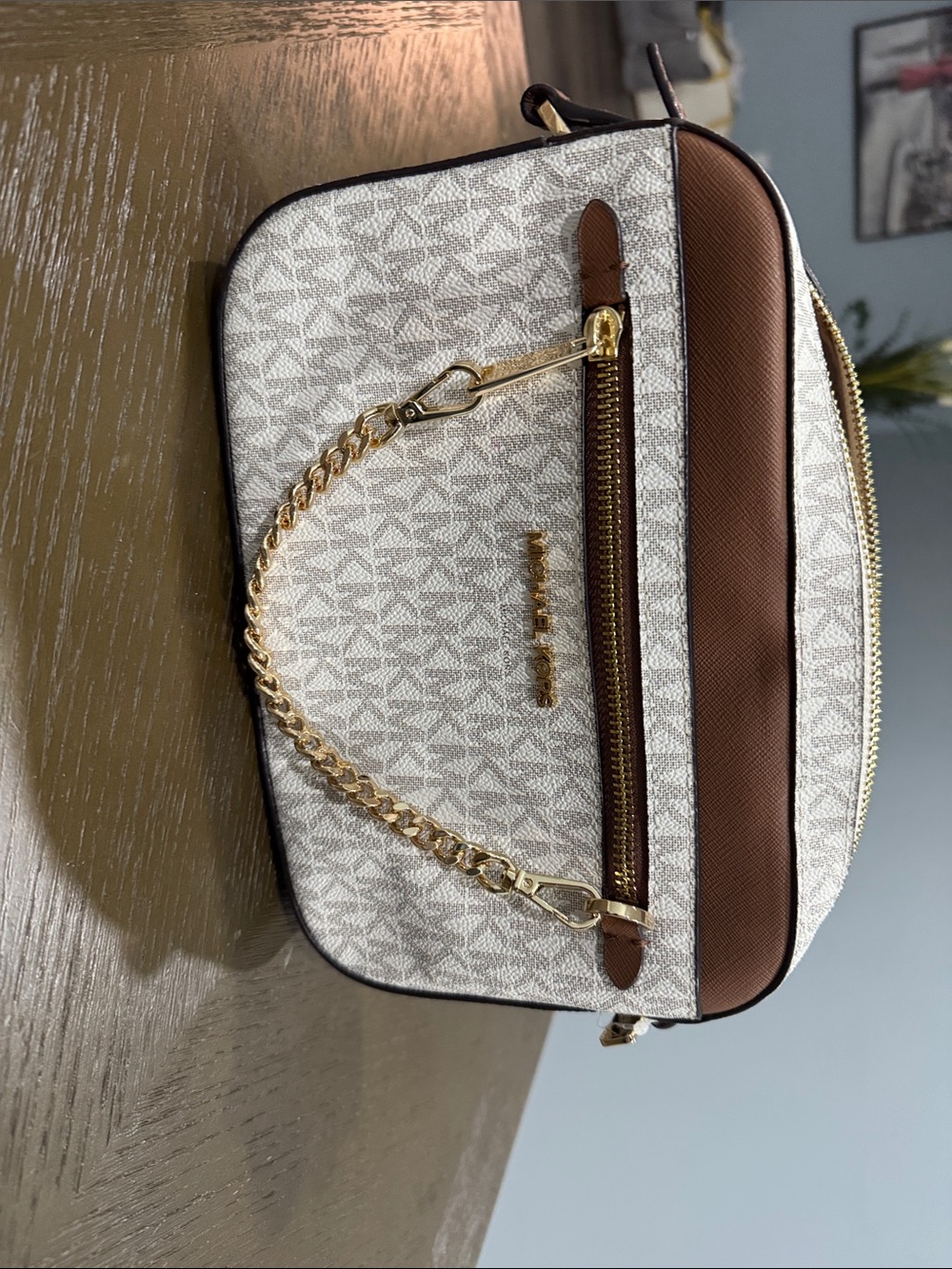 Michael Kors Cream & Brown Signature Chain Crossbody Bag